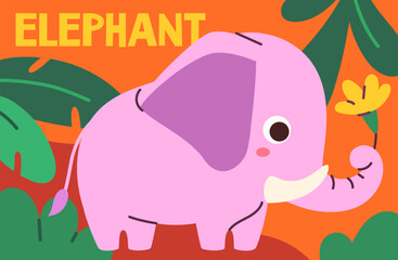 Animal poster with elephant concept. Large mammal with leaves at background. Fauna and wild life. Biology and botany. Graphic element for website. Cartoon flat vector illustration