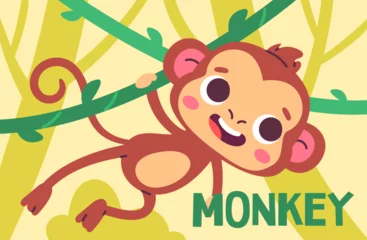 Möbelaufkleber Animal poster with monkey concept. Mammal with leaves at background. African savannah and rainforest, jungle scene. Fauna and wildlife. Template and layout. Cartoon flat vector illustration © Rudzhan