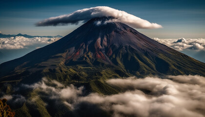 Fototapeta premium Majestic mountain peak erupting, smoke and steam fill the sky generated by AI