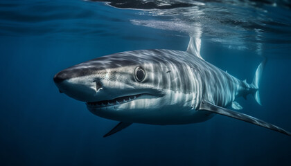 Fototapeta premium Majestic fish swim in deep blue waters, showcasing natural beauty generated by AI