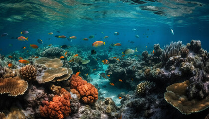 Underwater reef, fish, nature, blue, scuba diving, animal, tropical climate generated by AI