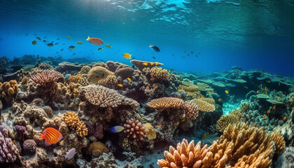 Underwater reef fish in nature tropical climate, swimming below generated by AI