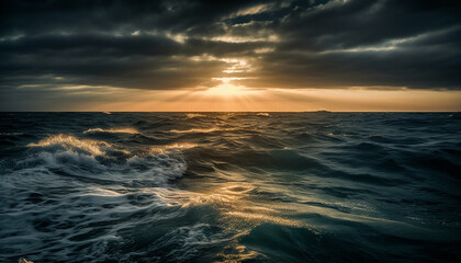 Obraz premium Sunset over water, nature beauty reflected in tranquil seascape generated by AI