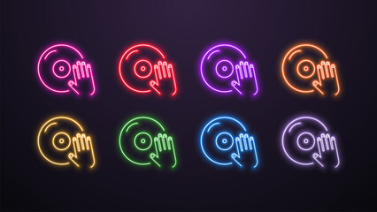 A set of 8 neon bright hand icons with a DJ record in different colors on a dark background.