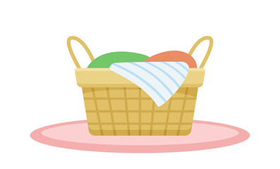 Bathroom items set. Colorful towels at wooden basket. Dirty clothes before laundry. Sticker for social networks and messengers. Cartoon flat vector illustration isolated on white background