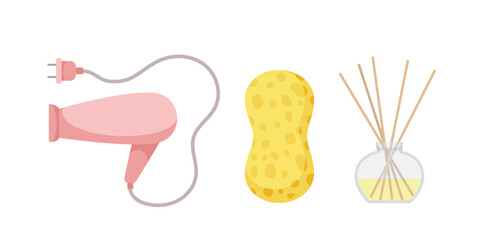 Bathroom items set. Pink hairdresser, yellow sponge and aromasticks. Sticker for social networks and messengers. Cartoon flat vector illustration isolated on white background