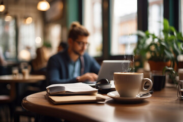 Coffee in the foreground with a young person working on a laptop in a blurred background café.