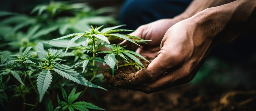 Young man holding cannabis at a medical marijuana farm