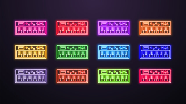 A set of neon synthesizer or piano icons in different colors on a dark background.