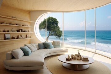 Fototapeta na wymiar Breezy beach house interior with panoramic sea views.