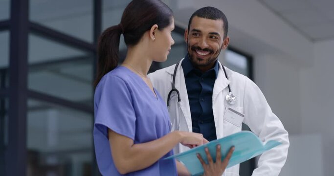 Doctors, nurses and folder for teamwork, planning and management of documents, patient charts or healthcare advice. Medical people or student with paperwork, progress report and helping or feedback