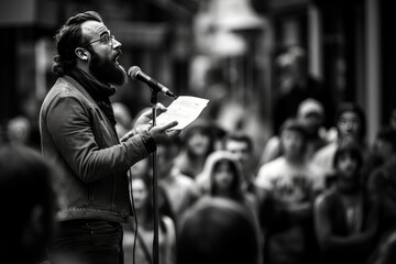 Candid capture of a street poet reciting verses to a curious audience.-