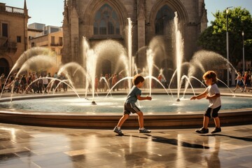 Children playing in a fountain during summer in a city plaza.