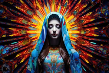 Holy Mary as seen through a kaleidoscope, myriad of colors and patterns.