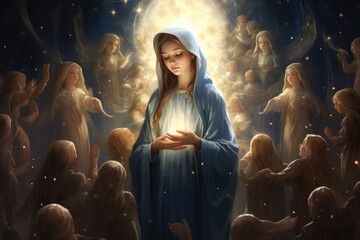 Holy Mary surrounded by children, symbolizing innocence and protection.