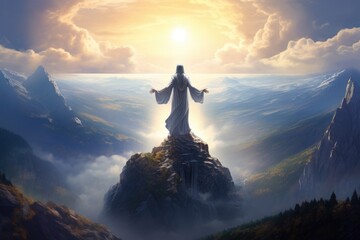 Holy Mary atop a mountain peak, overseeing vast landscapes below.