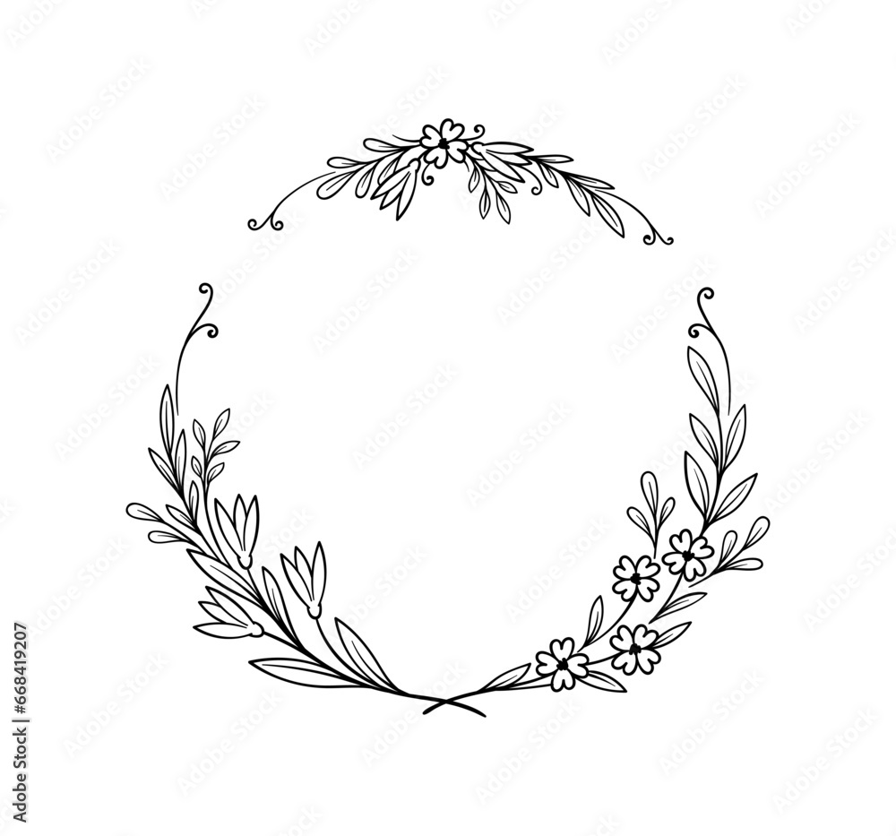 Poster botanical frame line concept. empty space for text. round circular wreath with branches and leaves. 