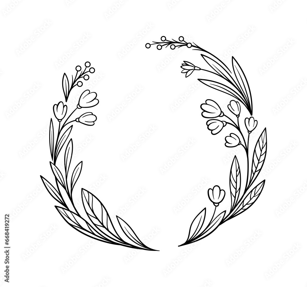 Poster botanical frame line concept. empty space for text. summer and spring botanical wreath and leaves. t
