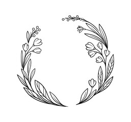Botanical frame line concept. Empty space for text. Summer and spring botanical wreath and leaves. Template and layout. Linear flat vector illustration isolated on white background
