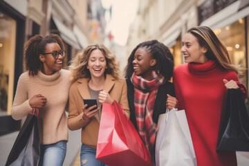a diverse multiracial group of four friends with shopping bags have a fun time shopping outdoors.