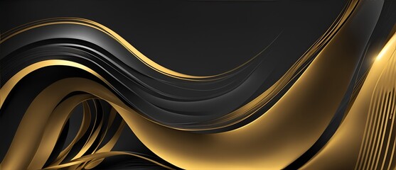Abstract golden flowing wave lines on plain black background from Generative AI