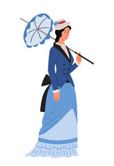 British retro woman concept. Girl in blue dress with umbrella. Beauty, aesthetics and elegance. Graphic element for website. Cartoon flat vector illustration isolated on white background