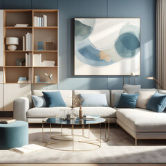Modern Living Room Interior in Pastel Blue, Beige, and White with Wooden Bookcase, Fabric Sofa, Table, Abstract Wall Art Decor, Carpet Rug on Wooden Floor. An Inch of Pond Blue Sea Ocean Catching Wind