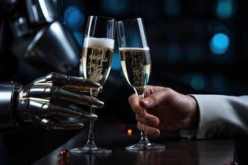 AI robot hand and human hand making a toast holding champagne glasses. New year celebration, anniversary, futuristic concept. Generative AI. - obrazy, fototapety, plakaty