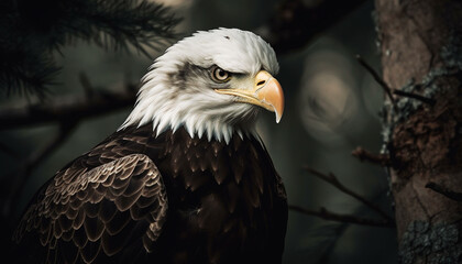 Fototapeta premium Bald eagle perching on tree branch, majestic symbol of freedom generated by AI