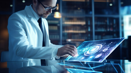 Doctor using technology on computer system management in treating and evaluating diseases