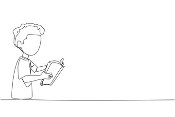 Single one line drawing boy are very focused on reading a book. Reading fiction story books during school holidays. Book festival concept. Very good habit. Continuous line design graphic illustration