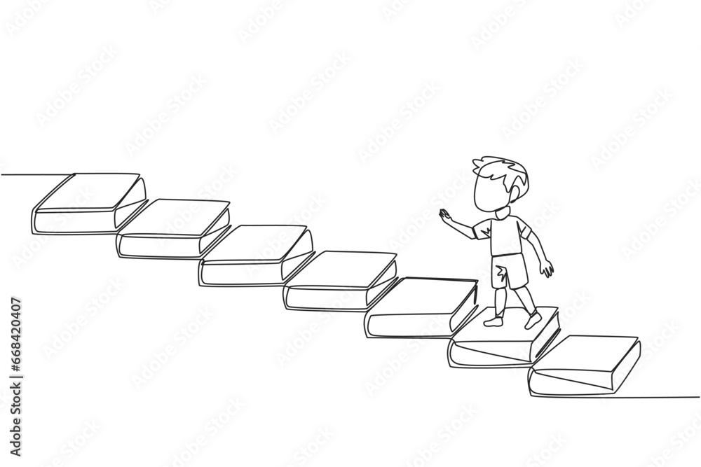 Aufkleber continuous one line drawing boy climb stairs from books. reading increases knowledge which can incre