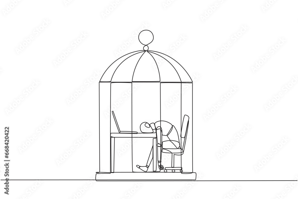 Poster continuous one line drawing robot trapped in cage asleep on laptop. tired of repetitive routines. th