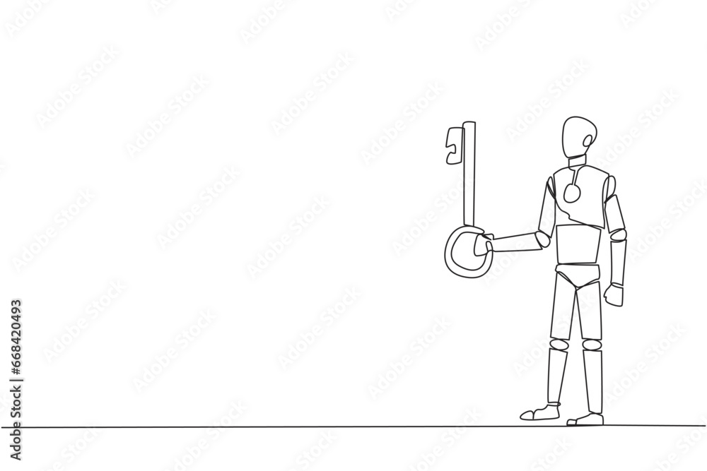 Poster single continuous line drawing robot holding the key. important key to increasing profit has been se