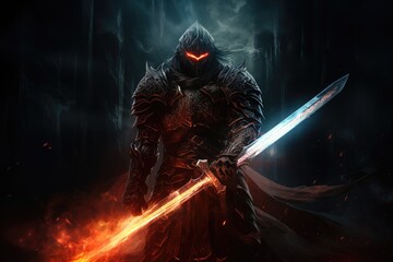 Knight with a glowing sword, facing darkness. - obrazy, fototapety, plakaty