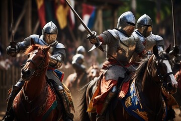 Knights jousting at a medieval tournament, competition, spectacle. - obrazy, fototapety, plakaty
