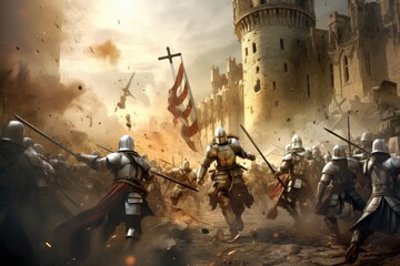 Knights Templar in battle, medieval warfare. - obrazy, fototapety, plakaty