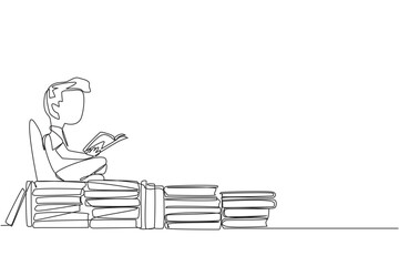 Single one line drawing boy sitting relaxed reading a book on pile of books. Relax while reading fiction books. Enjoy the storyline. Book festival concept. Continuous line design graphic illustration