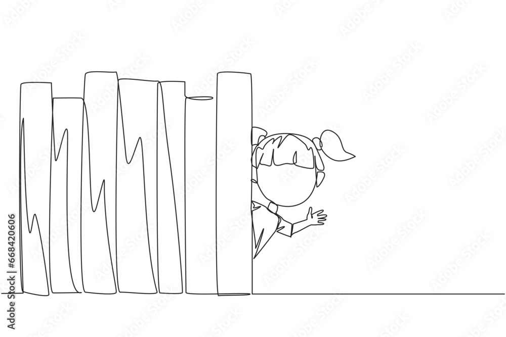 Poster single continuous line drawing a girl appears from behind a row of books. invitation to read books a