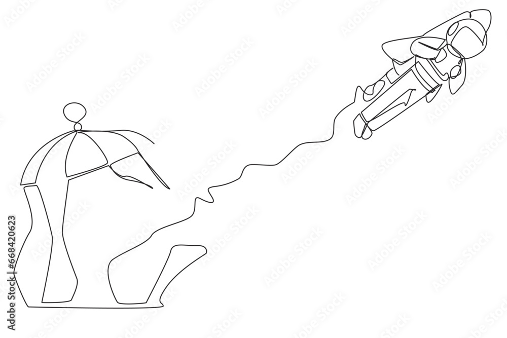 Poster continuous one line drawing astronaut flying with rocket and breaks the cage. free from traps. getti