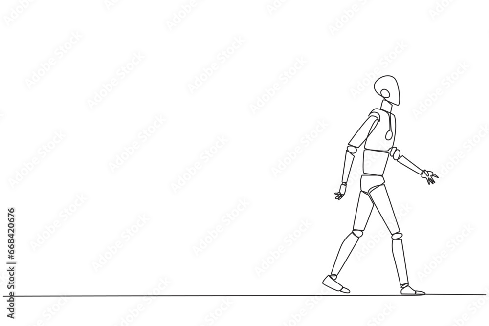 Poster single one line drawing smart robotic walking to canteen to break and lunch. taking time for a while