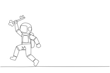 Single one line drawing young astronaut running holding key. Doing celebrate. Perform movements like a relay athlete. The secret key to business revival. Continuous line design graphic illustration