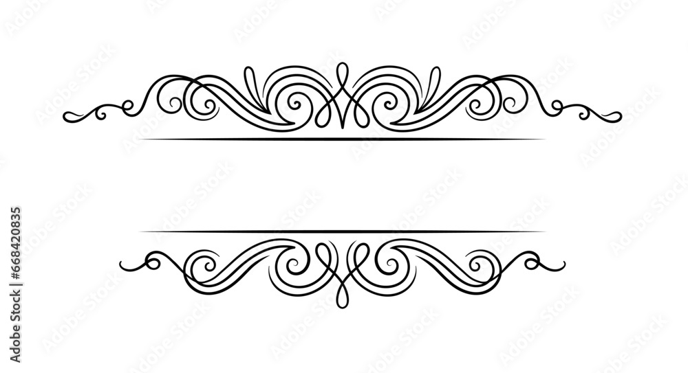 Poster calligraphic frame concept. divider for ancient books in retro style. swirl patterns with straight l