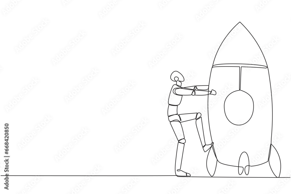 Poster single one line drawing smart robot and rocket. get ready to ride rocket that will launch. metaphors