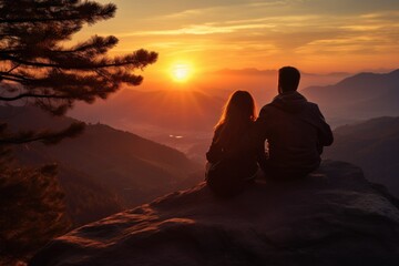 Couple enjoying a sunset view from a mountain peak.