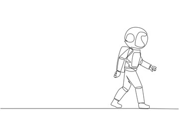 Single one line drawing young astronaut walking to canteen to break and lunch. Taking time for a while to hone ideas back into brilliant ideas. Success. Continuous line design graphic illustration