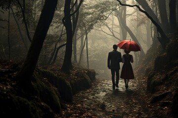 Couple sharing an umbrella, walking through a misty forest trail.