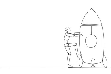 Single one line drawing smart robot and rocket. Get ready to ride rocket that will launch. Metaphors bring business success. Robot artificial intelligence. Continuous line design graphic illustration