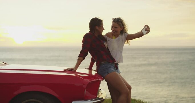 Beach, selfie and girl friends on a road trip with a car for bonding weekend, holiday or vacation. Happy, love and young women taking a picture by the ocean or sea in Australia for travel together.