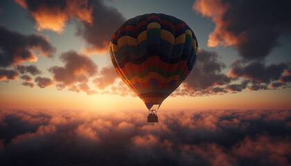 Multi colored hot air balloon flying high in vibrant sky generated by AI